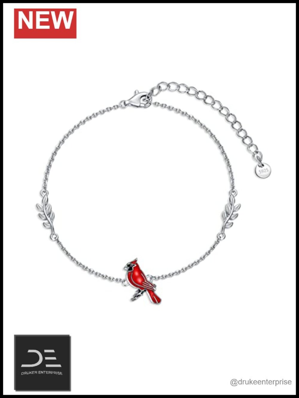 Sterling Silver Charm Bracelet Adjustable Cardinal Bird Gift for Women